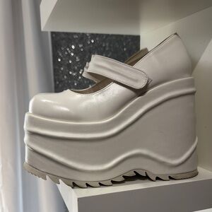 Demonia White Platform Mary Jane Shoes with Wave Sole